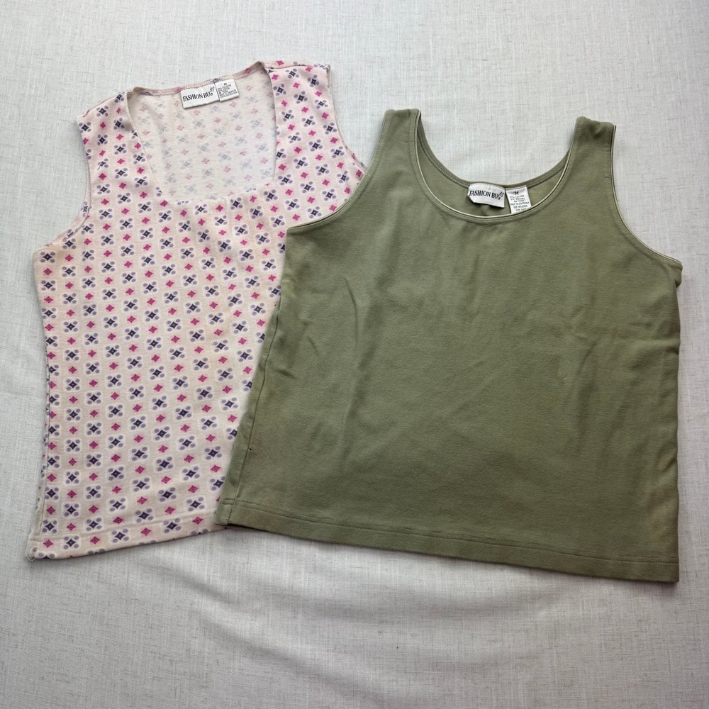 Vintage Fashion Bug Tank Top Set Womens Medium Olive Green Geometric Print 90s